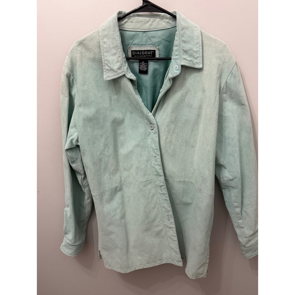 Dialogue Womens Size L Mint Green Genuine Suede Leather Button Up Shacket Jacket